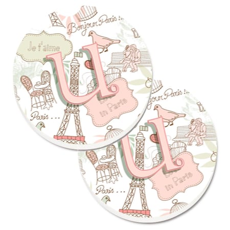 Carolines Treasures Letter U Love in Paris Pink Set of 2 Cup Holder Car Coaster CJ2002-UCARC